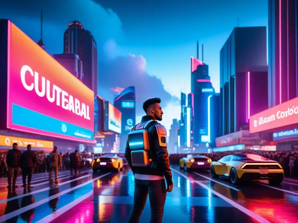 Metrópolis futurista: luces neón, robots y moda cyberpunk Vista nocturna de ciudad futurista con luces de neón y anuncios holográficos