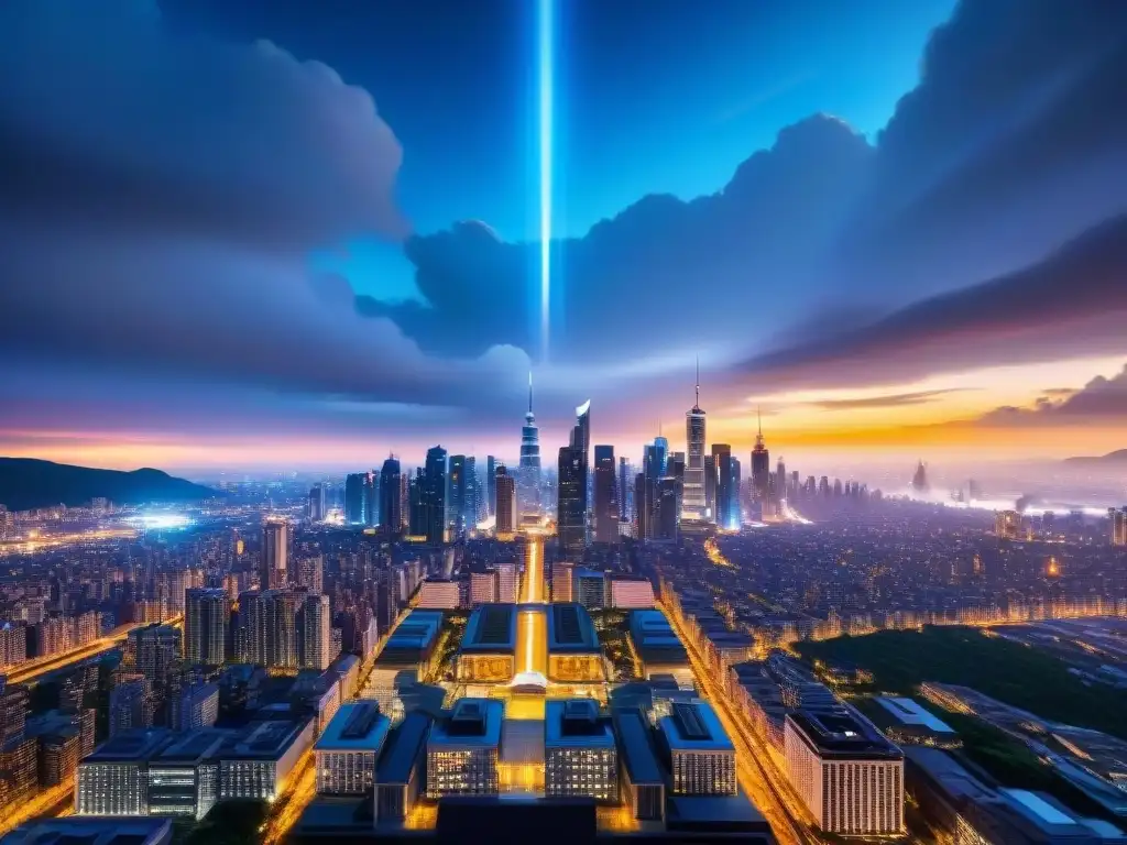 Metrópolis futurista: naves alienígenas iluminan la noche Vista nocturna futurista de la ciudad con naves alienígenas y rascacielos, reflejando la comparativa aliens en películas scifi