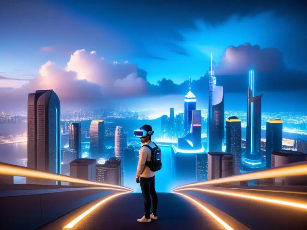 Vista nocturna futurista de una ciudad con luces de neón y rascacielos, reflejados en un headset de Realidad Virtual en Sociedad Futura