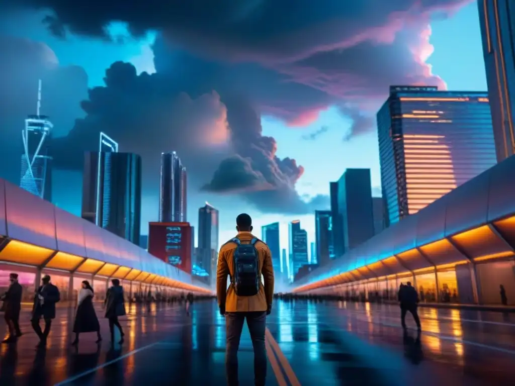 Vista nocturna futurista de la ciudad de 'Divergente' con edificios iluminados y nubes de tormenta, adaptación de Divergente a película