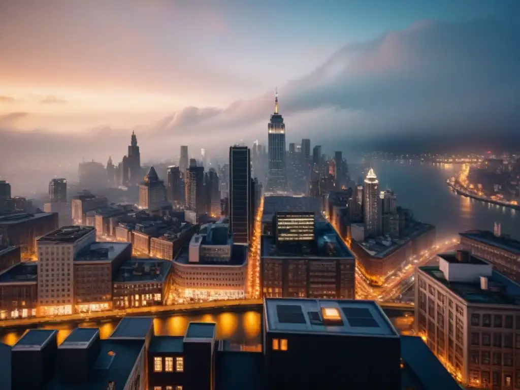 Vista nocturna de Gotham City: luces, misterio y esperanza Vista nocturna de Gotham City con rascacielos iluminados por luces de neón