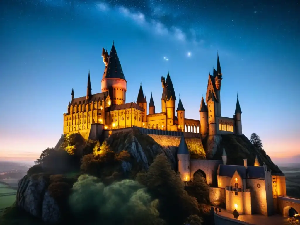 Vista nocturna de Hogwarts iluminado, bajo un cielo estrellado