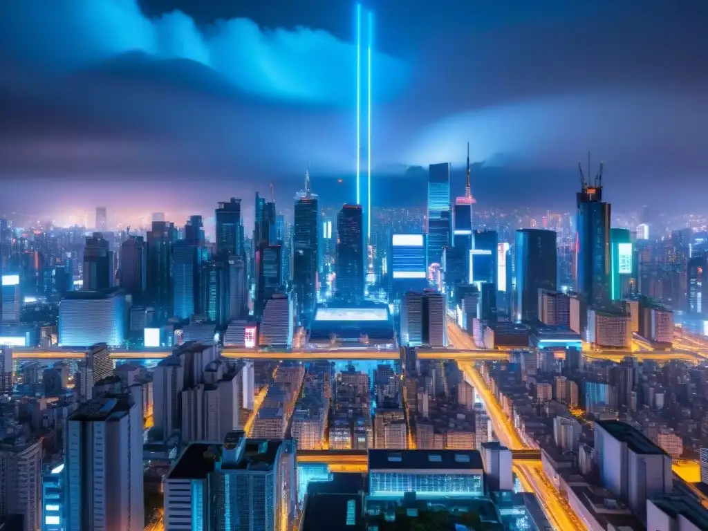 Vista nocturna de la impresionante NeoTokyo con rascacielos iluminados por luces de neón, reflejándose en las calles mojadas