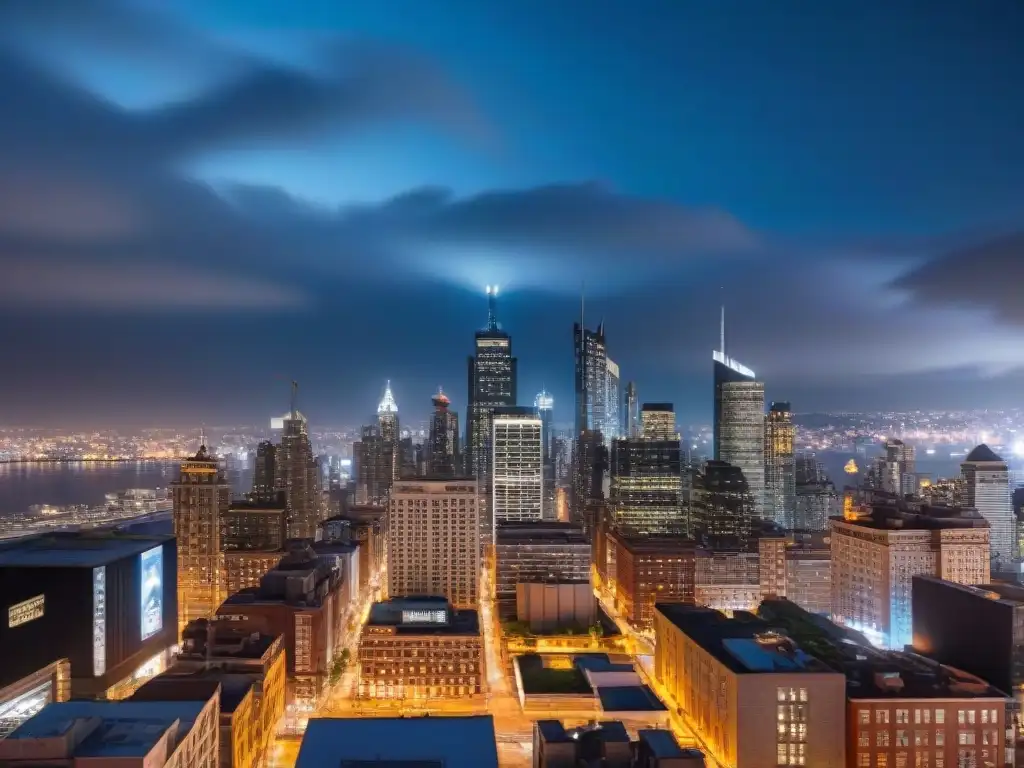 Skyline de Gotham City: luces neon y la señal del murciélago Vista nocturna de Gotham City: rascacielos imponentes, sombras ominosas, luces de neón y la señal del murciélago en el cielo