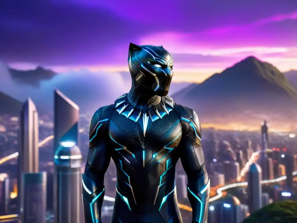 Vista nocturna de la tecnología y tradición en Wakanda: Black Panther frente a futuristas rascacielos de vibranio púrpura