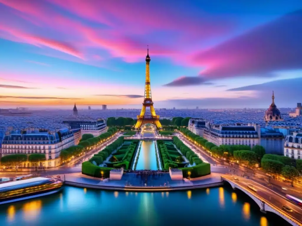 Vista onírica de París al anochecer, con la Torre Eiffel y luces de la ciudad reflejadas en el Sena, evocando los secretos detrás de Inception París