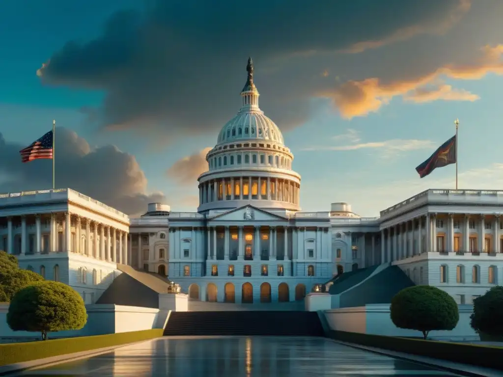 Vista panorámica del Capitolio en el mundo distópico de Panem, reflejando opulencia y control