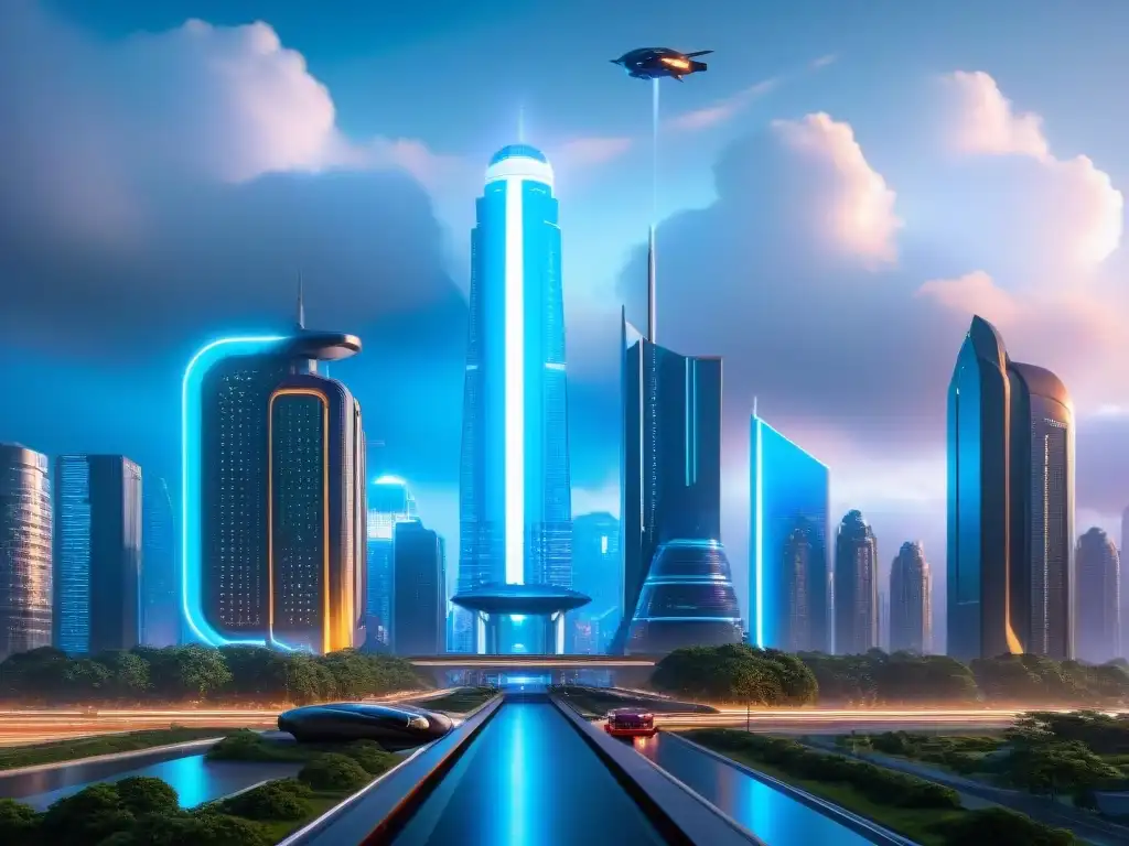 Vista panorámica de una ciudad futurista con rascacielos relucientes y luces de neón, reflejando avances tecnológicos