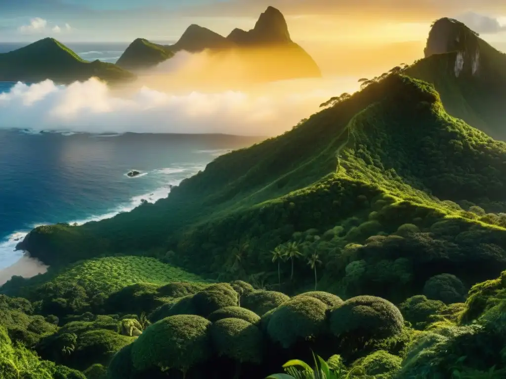 Vista panorámica de la enigmática isla de la serie 'Lost', con exuberante vegetación tropical y la estación icónica de la Iniciativa DHARMA al fondo