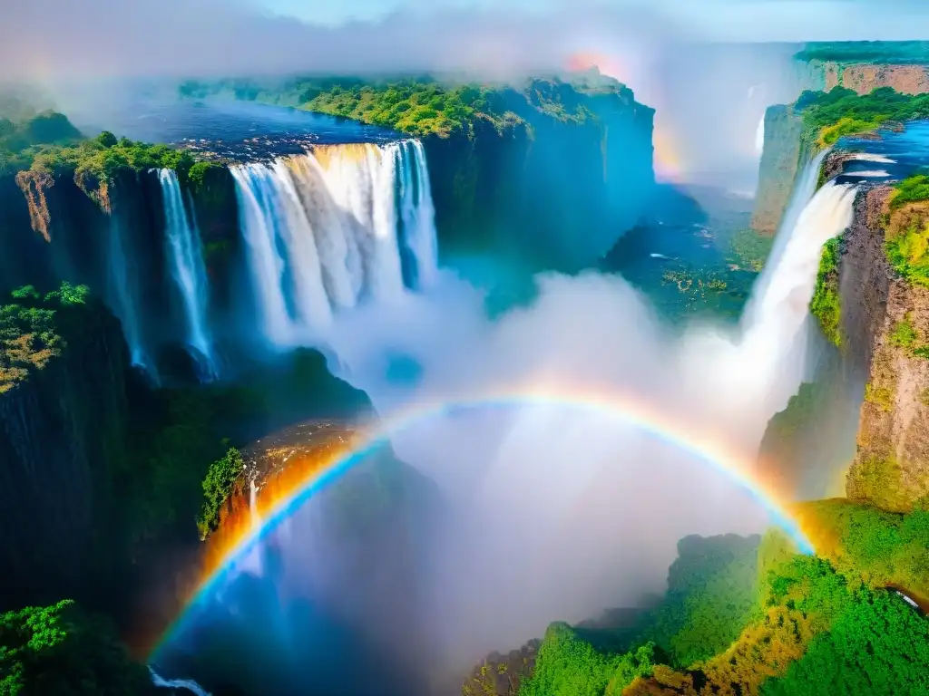 Vista panorámica de las impresionantes Cataratas Victoria en África, con un arcoíris en la neblina