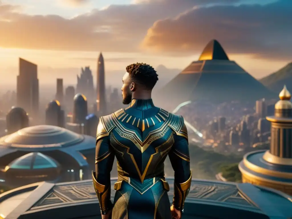 Una vista panorámica de la majestuosa ciudad de Wakanda al atardecer, fusionando tecnología avanzada con arquitectura africana tradicional