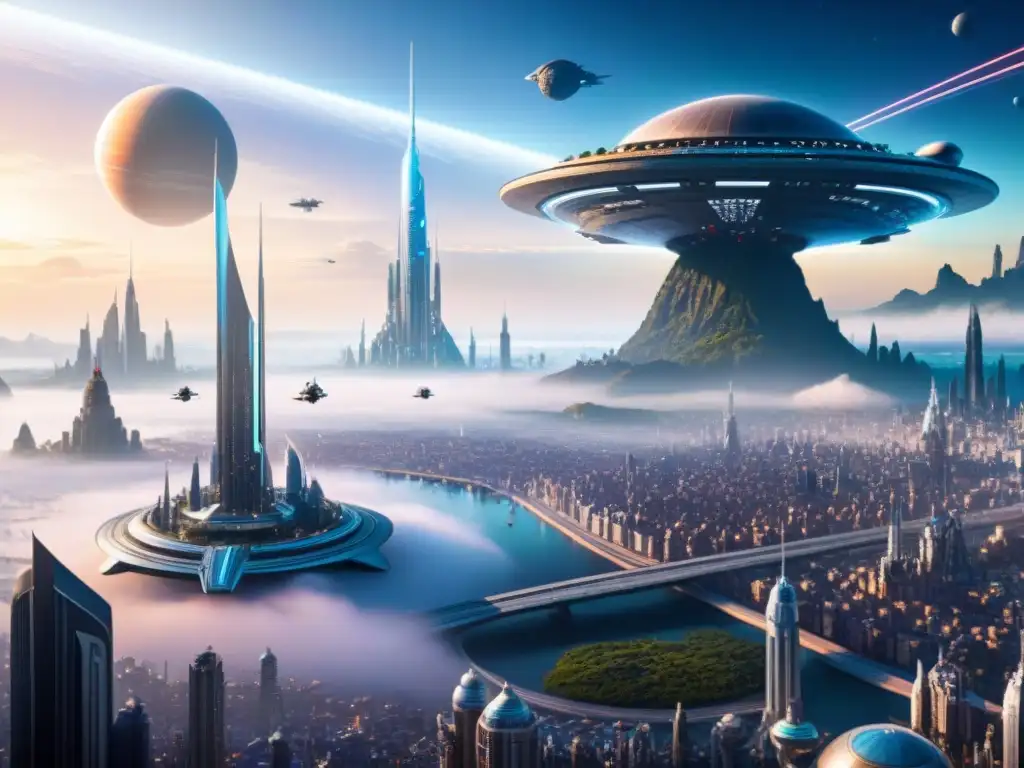 Vista panorámica de Coruscant, la metrópolis del Imperio Galáctico, mostrando su red de rascacielos y calles iluminadas