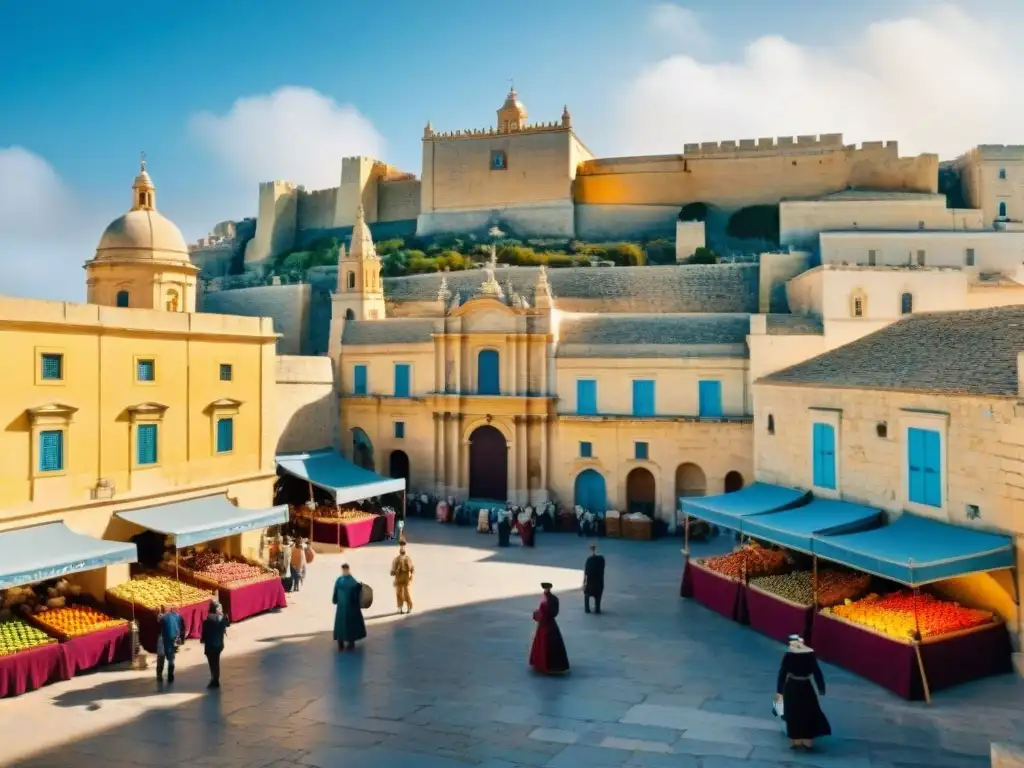 Hermosa vista de Mdina en Malta: mercado medieval vibrante Vista panorámica soleada de la antigua ciudad de Mdina en Malta, mercado bullicioso con vendedores y turistas