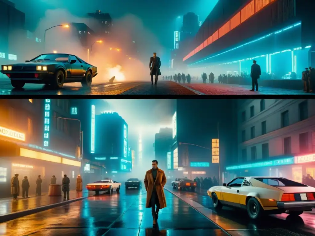 Comparación visual entre la icónica escena de Blade Runner original y su reconstrucción, resaltando avances en efectos visuales