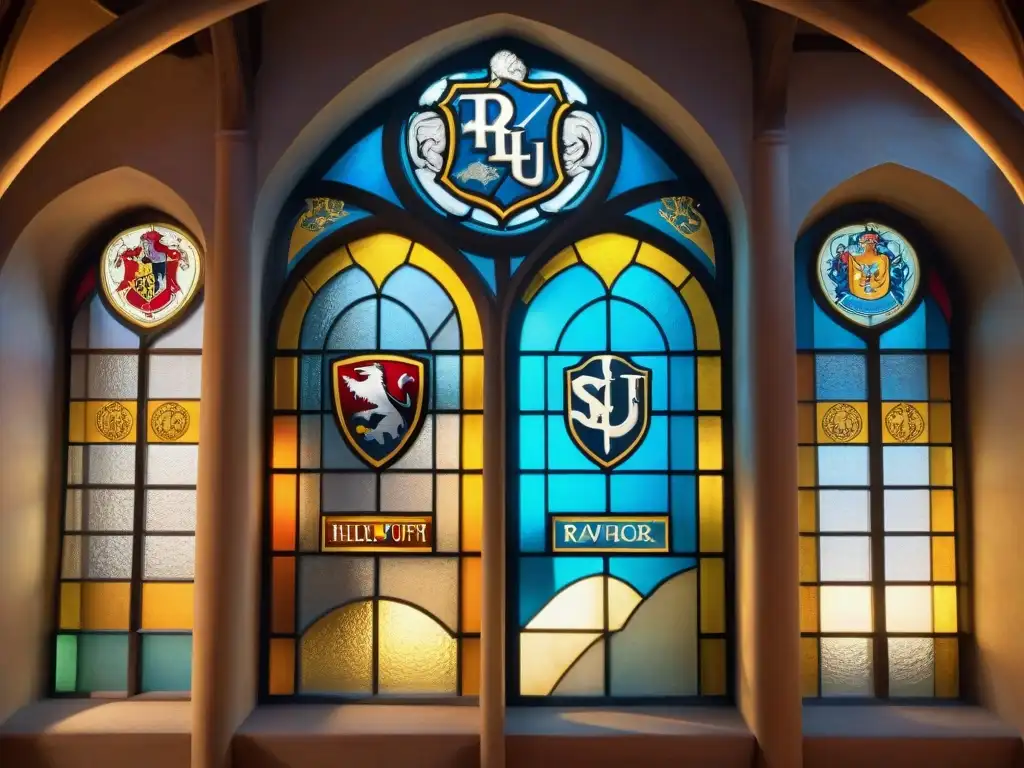 Vívida representación de los emblemas de las Casas de Hogwarts iluminados en vitral