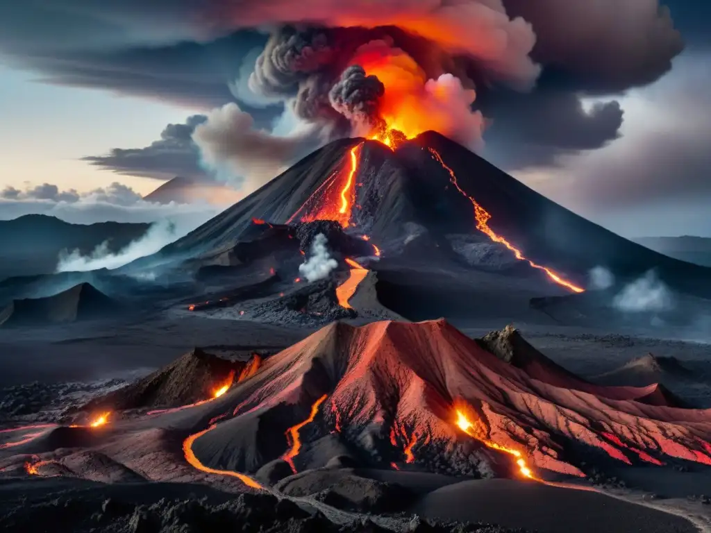 Un volcán activo y majestuoso iluminando la noche con su fuego, evocando la comparativa volcanes ficticios reales