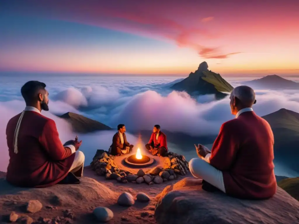 Vulcano al atardecer: habitantes en ritual meditativo bajo un cielo rojo con lunas