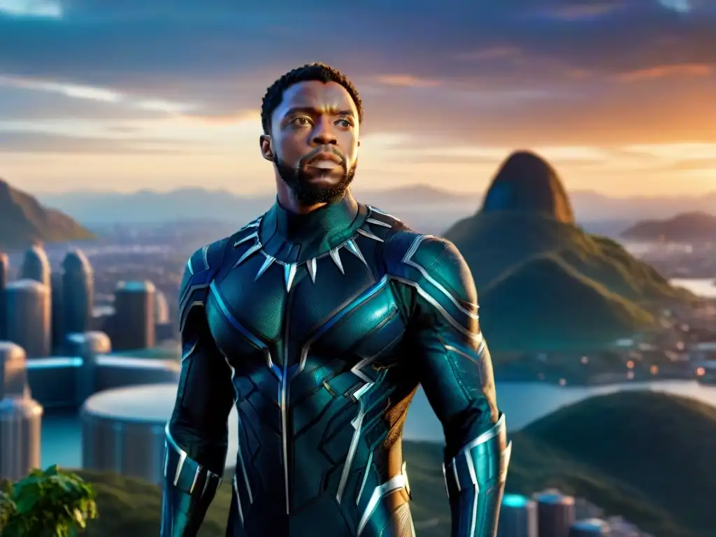 Chadwick Boseman como Black Panther en Wakanda al atardecer