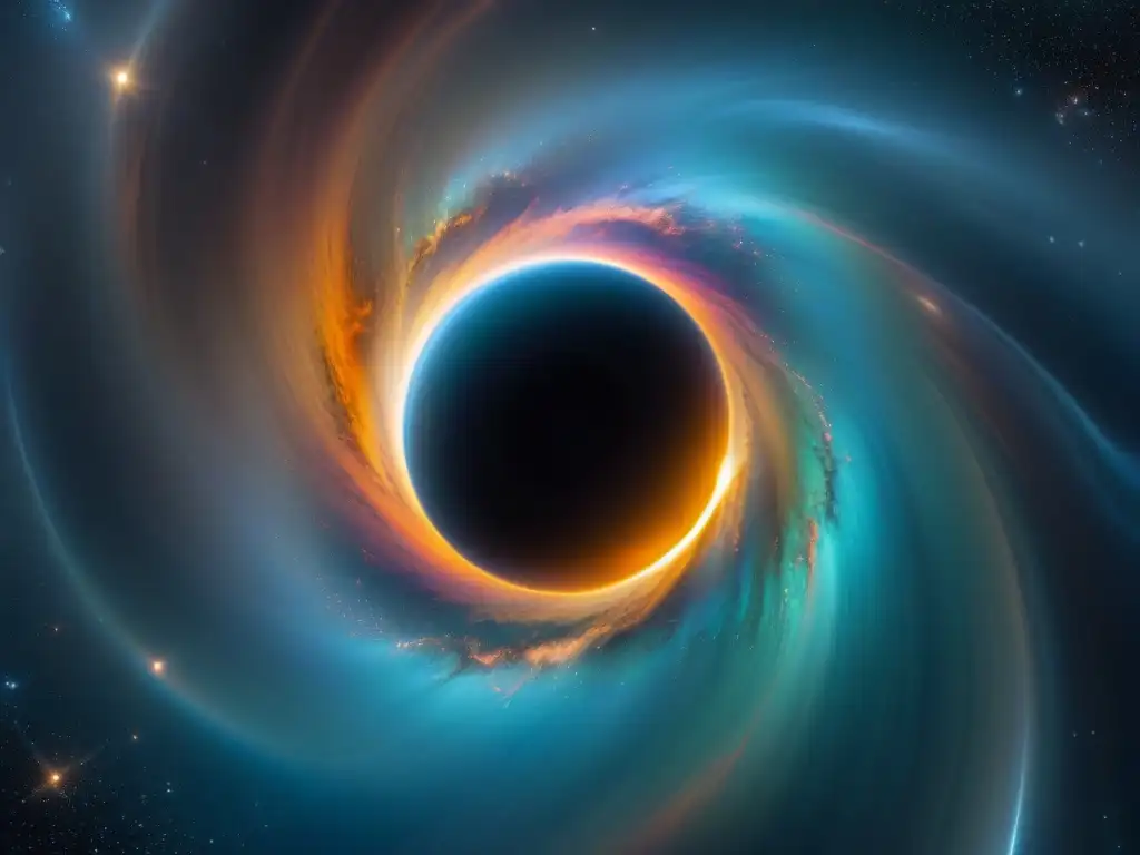 Un wormhole brillante en el espacio, con colores hipnóticos y efectos de lente gravitacional